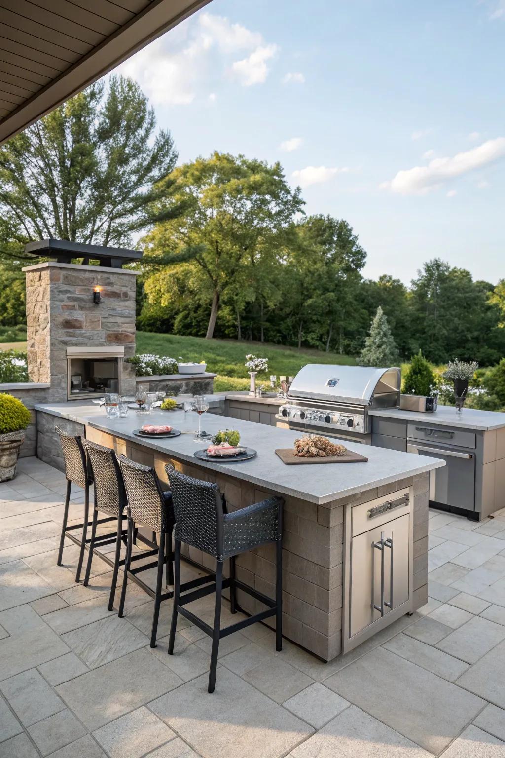 A versatile two-tier outdoor kitchen island offering dedicated zones for preparation and dining.