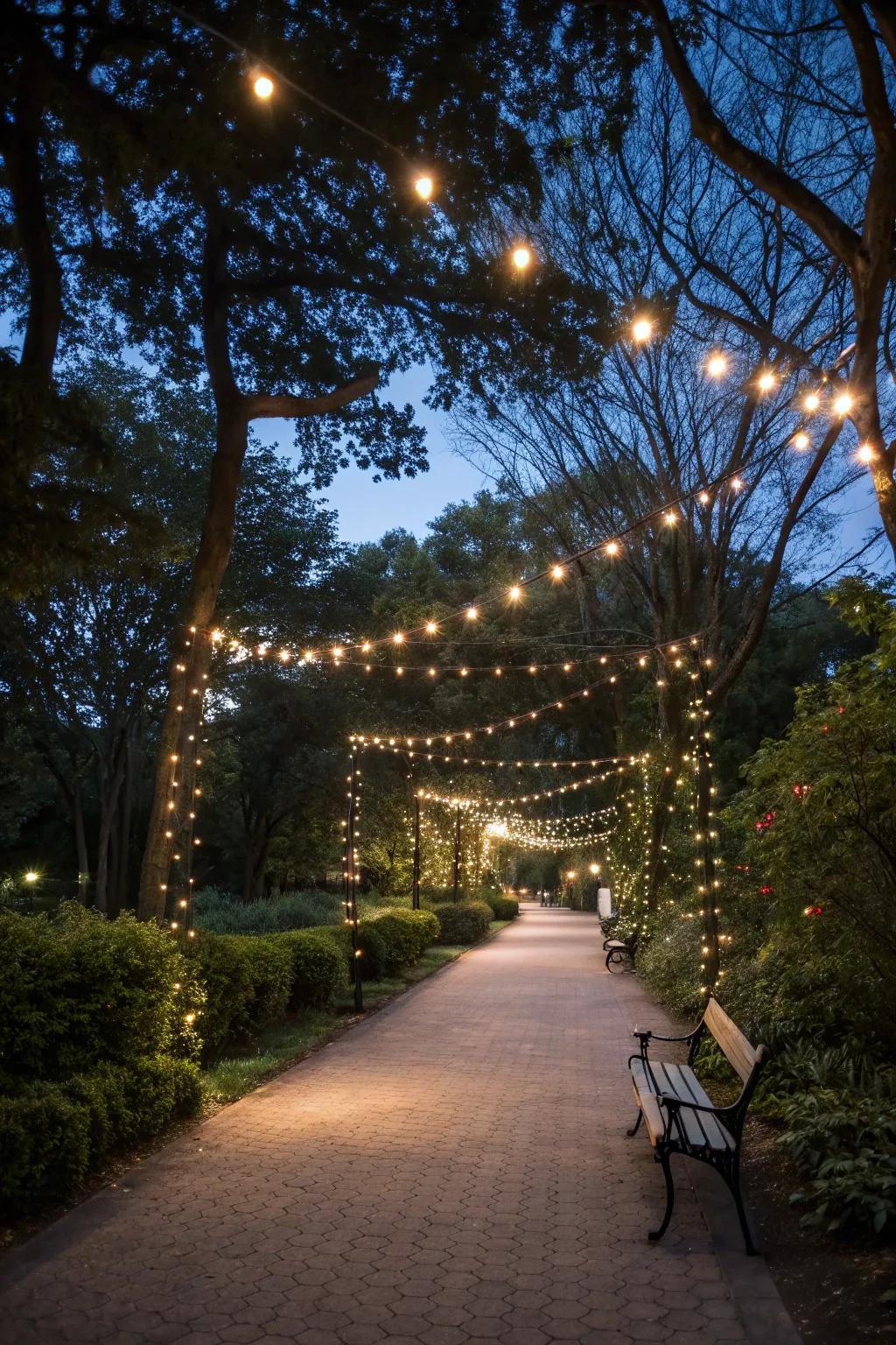 Fairy lights create a dreamy and enchanting atmosphere in the park.