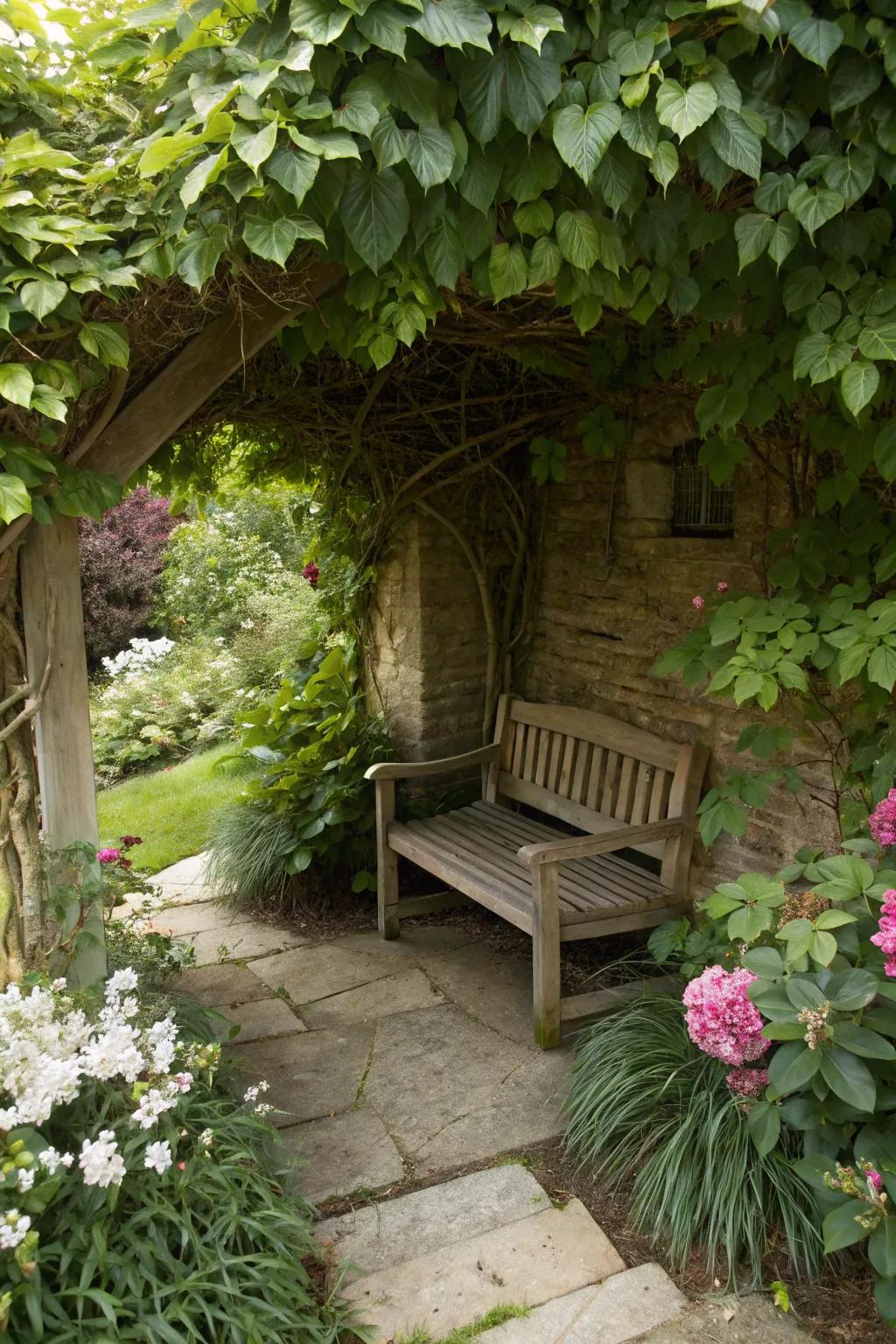 A clandestine garden recess provides a secluded refuge.