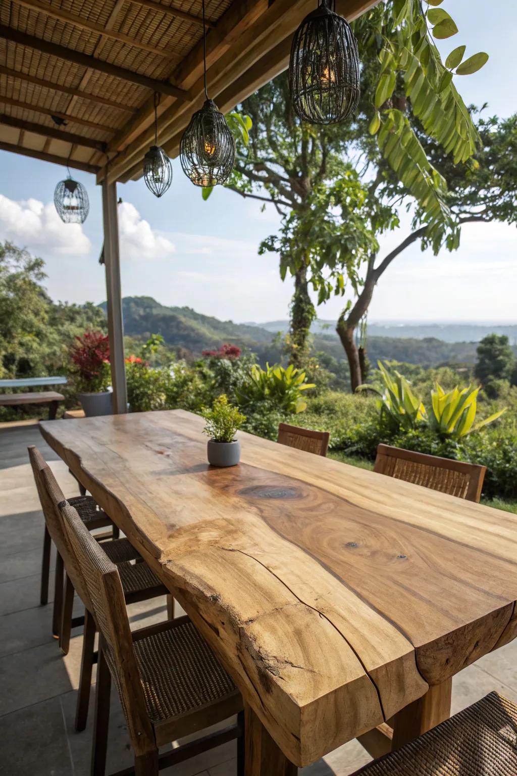 Unprocessed perimeter lumber table tops emphasize the inherent splendor of natural lumber.