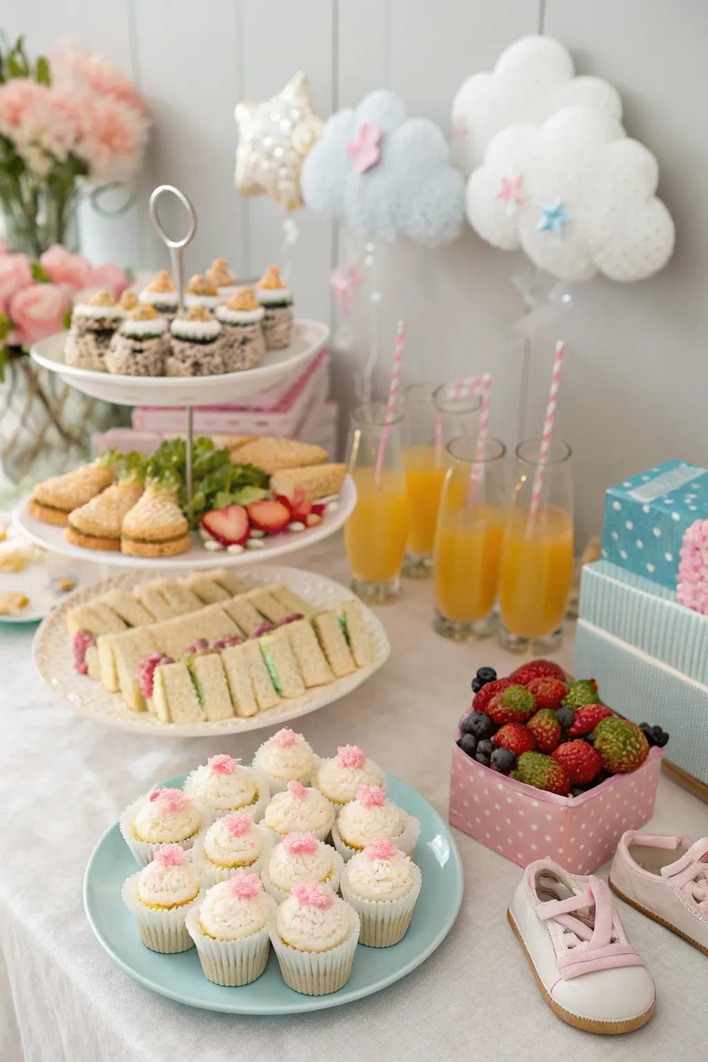 A creatively arranged food display adds visual delight to the baby shower.