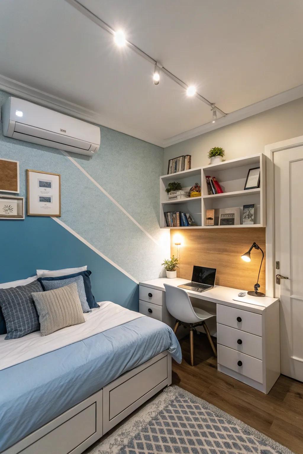 Two-tone walls can introduce dimension and define areas within a small bedroom.