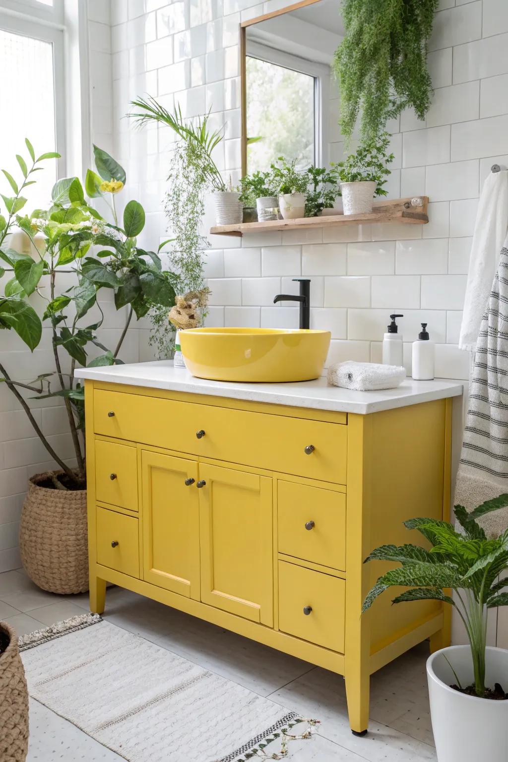 Gold vanities contribute a cheerful, bright vibe.