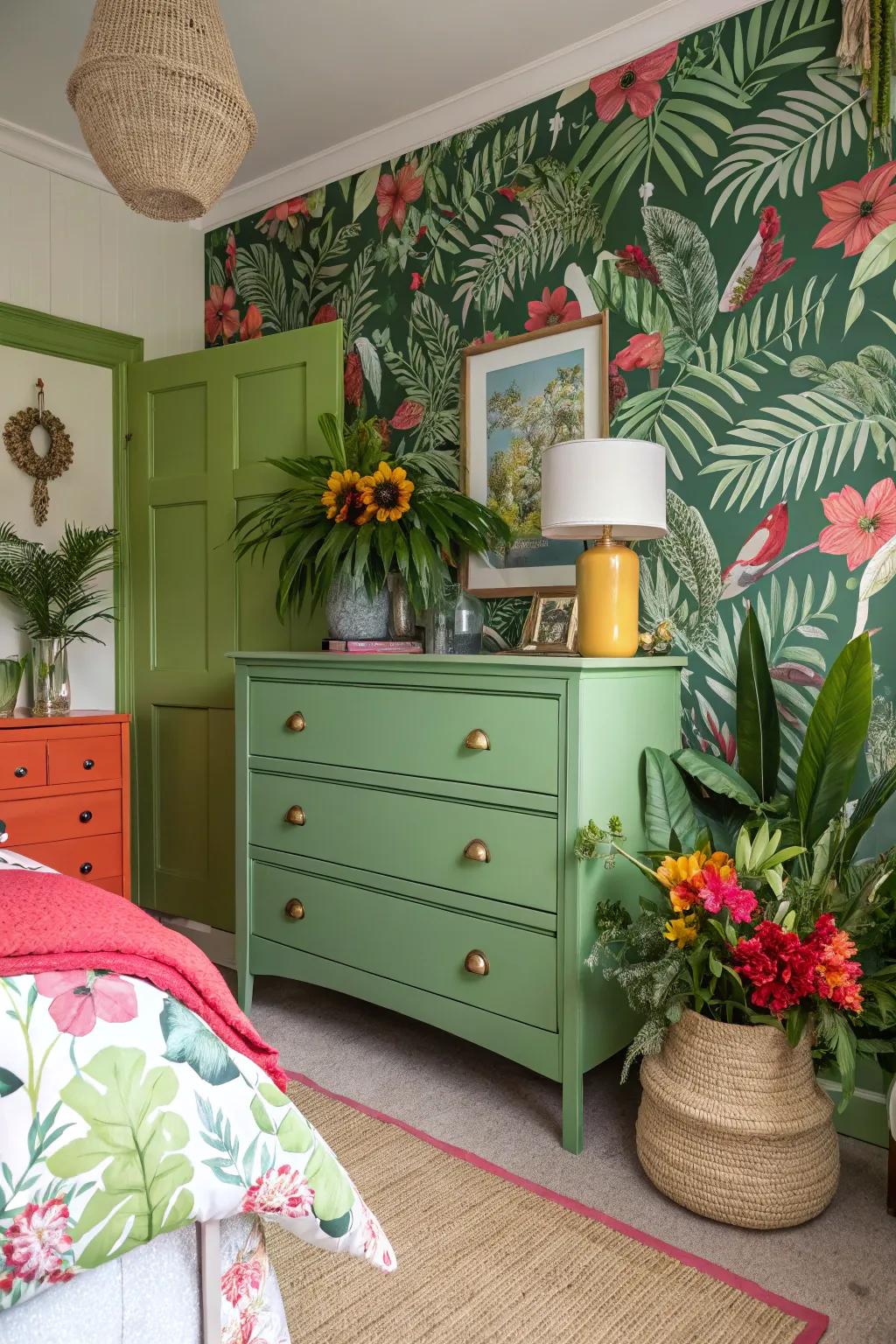 Present exotic allure with an exotic green dresser.