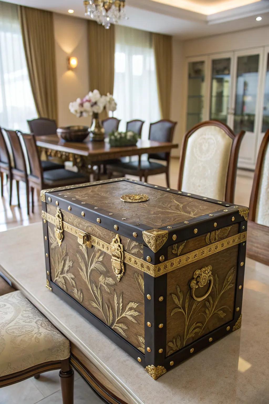 Royal grace with gilded leaf details.