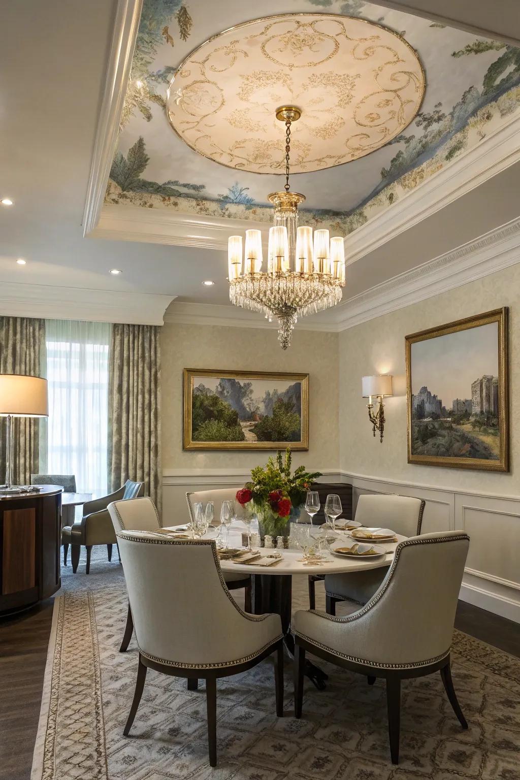 Illumination complements the painted ceiling, amplifying the overall ambiance.