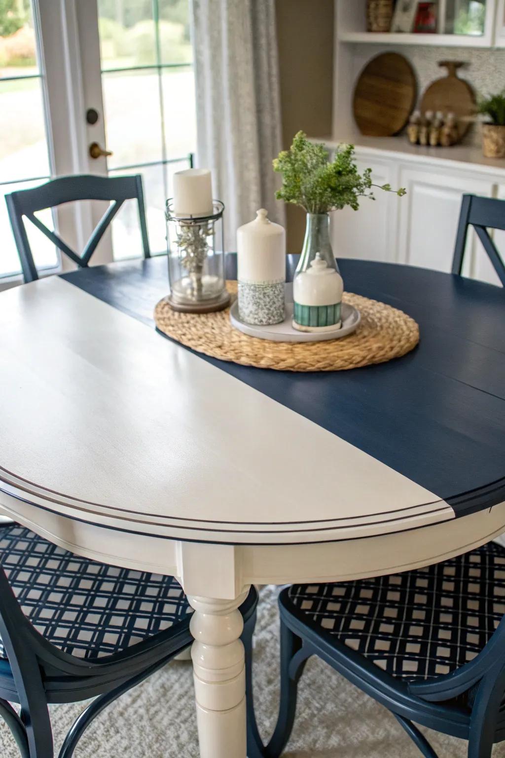 Two-tone applications introduce visual depth to your dining table.