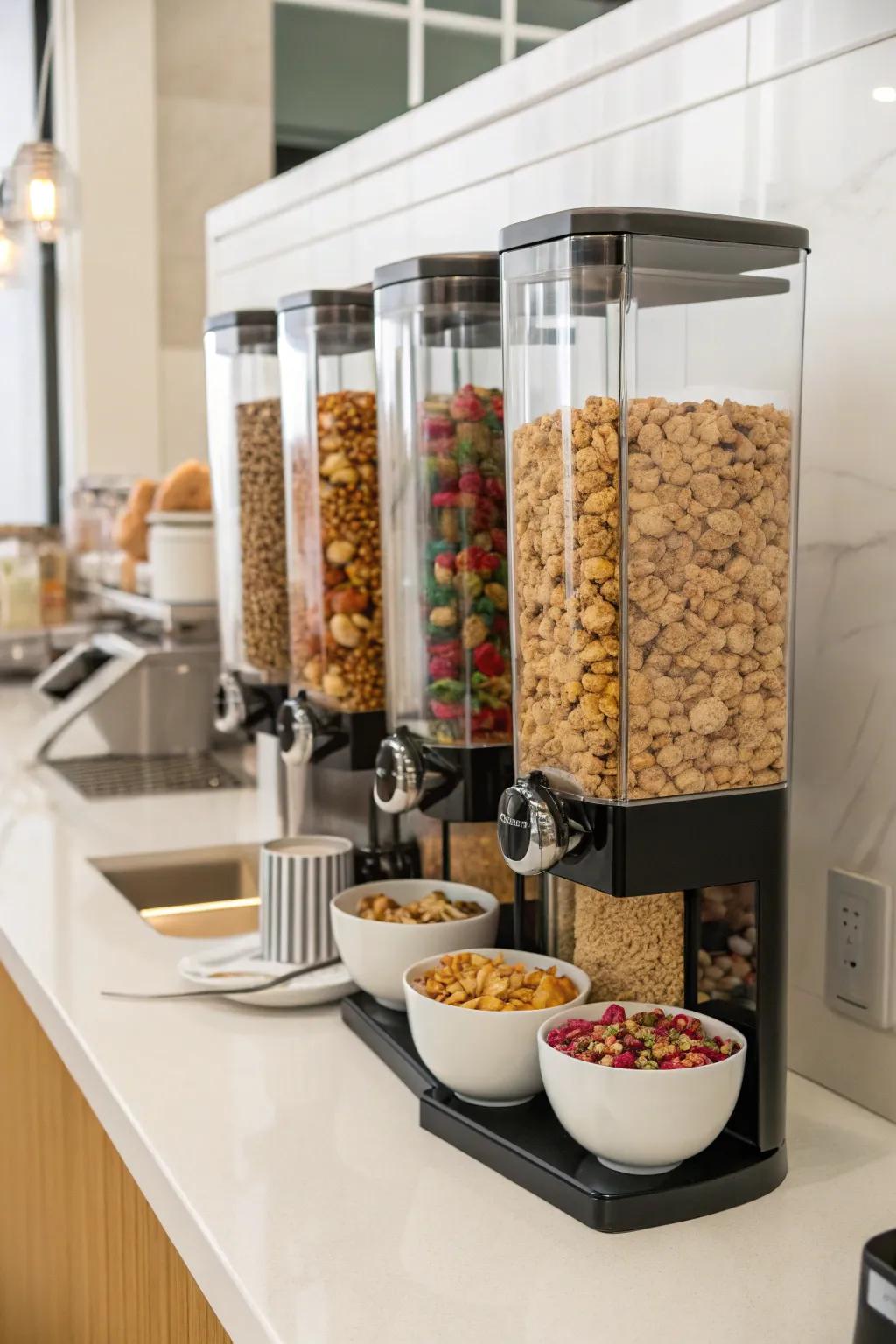 Snack dispensers present a polished and useful means of storing pantry items.
