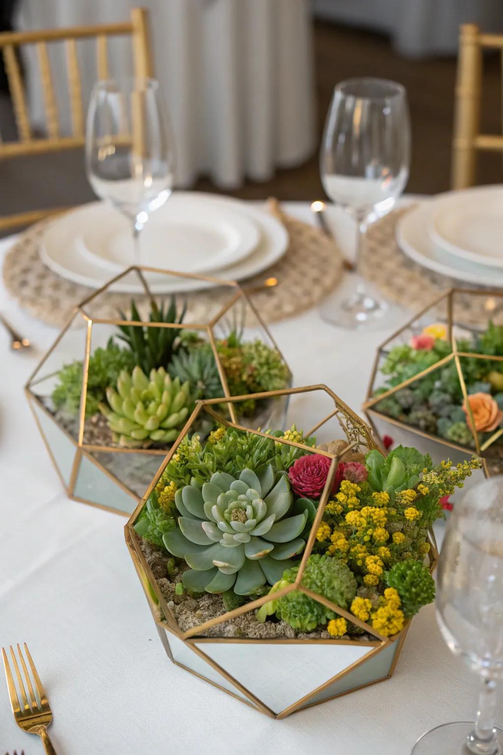 A modern, geometrically-inspired centerpiece hosting succulents.