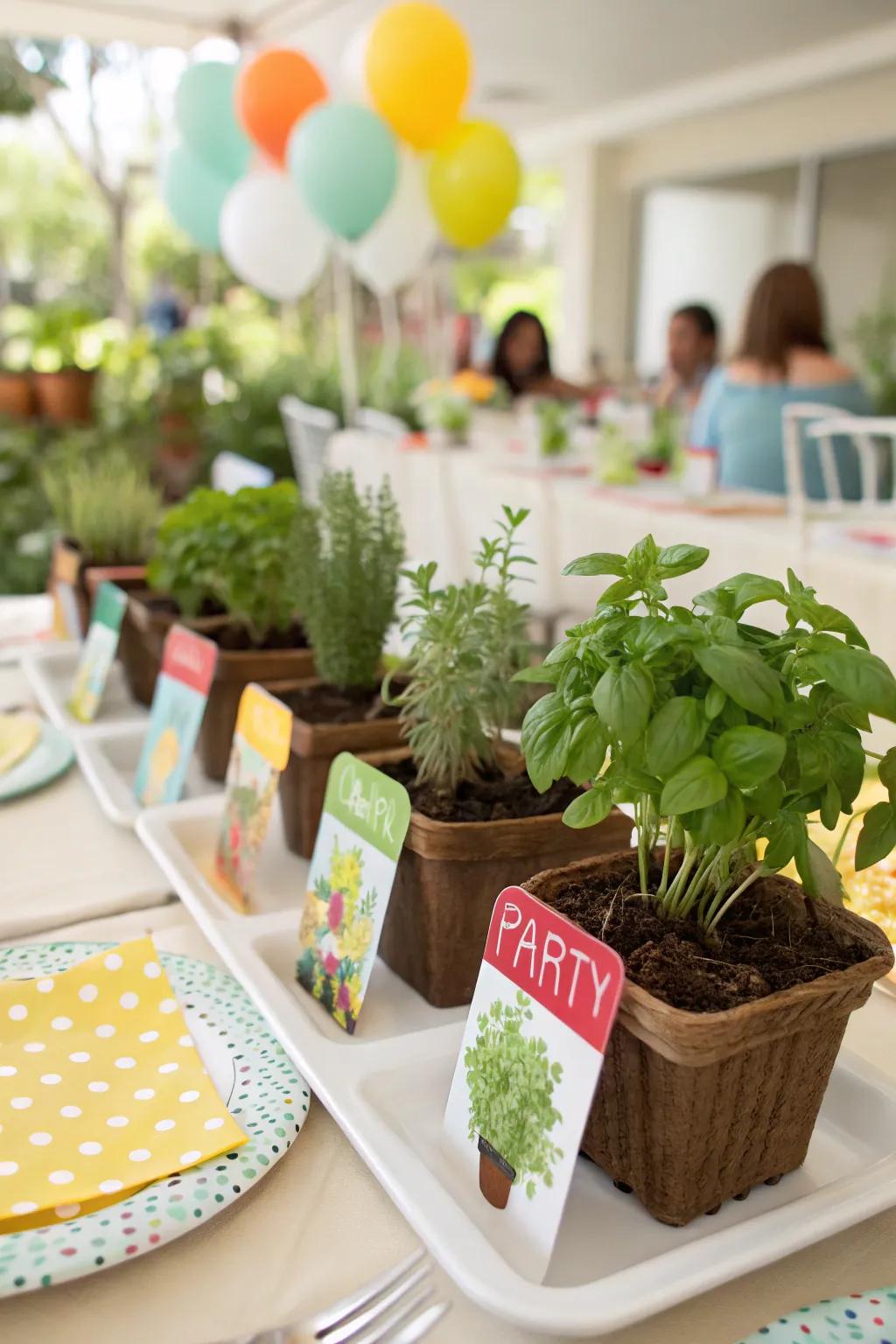 Interactive mini herb garden kits as unique party favors.