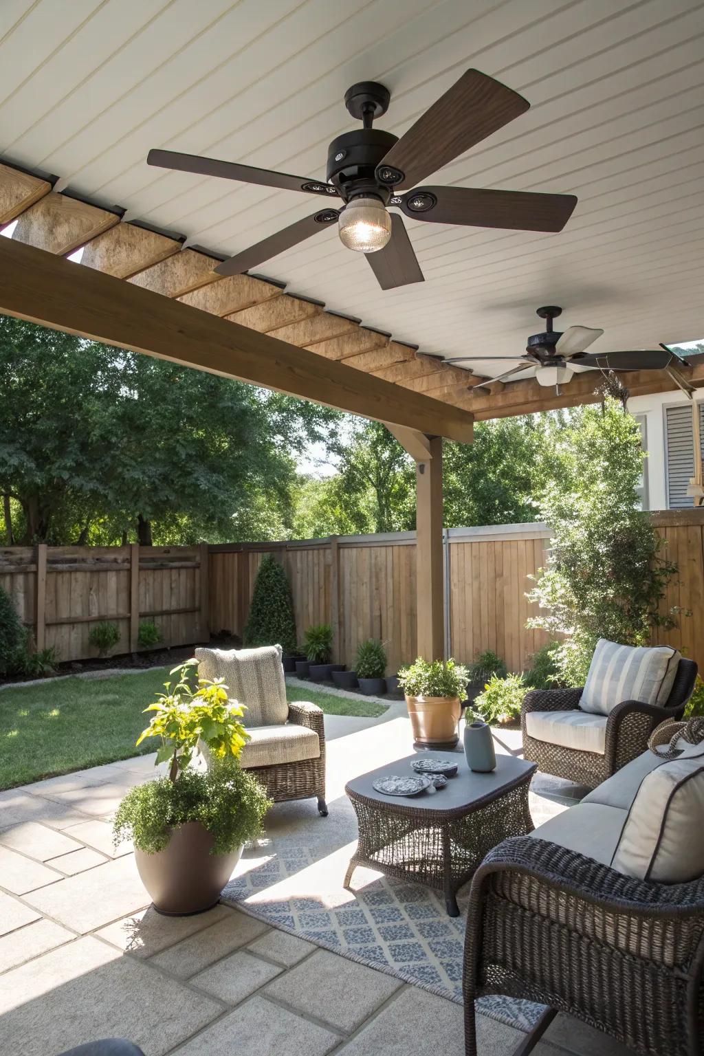An eco-conscious patio featuring a solar-powered ceiling fan.