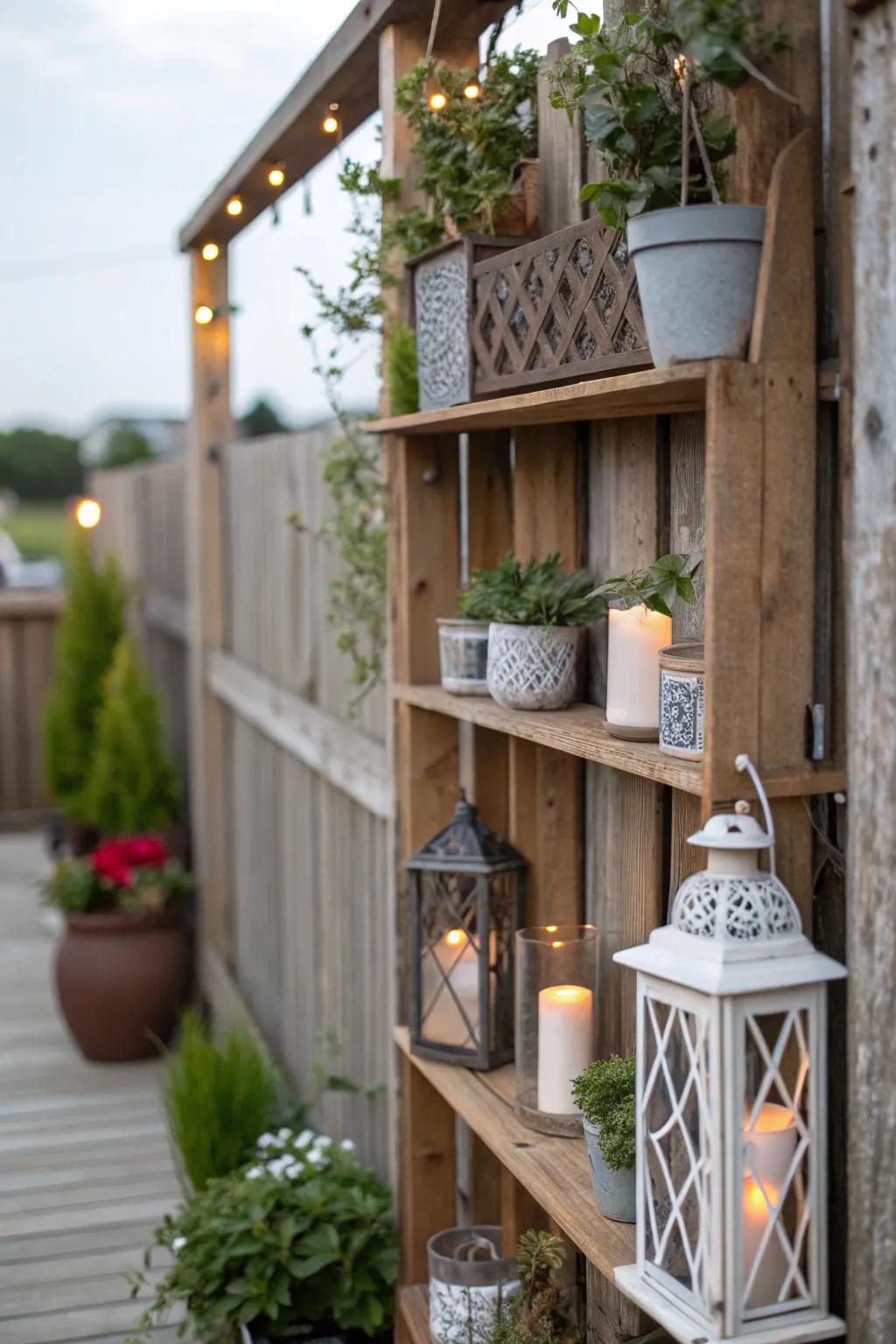 A wooden structure featuring shelves for decorative display.