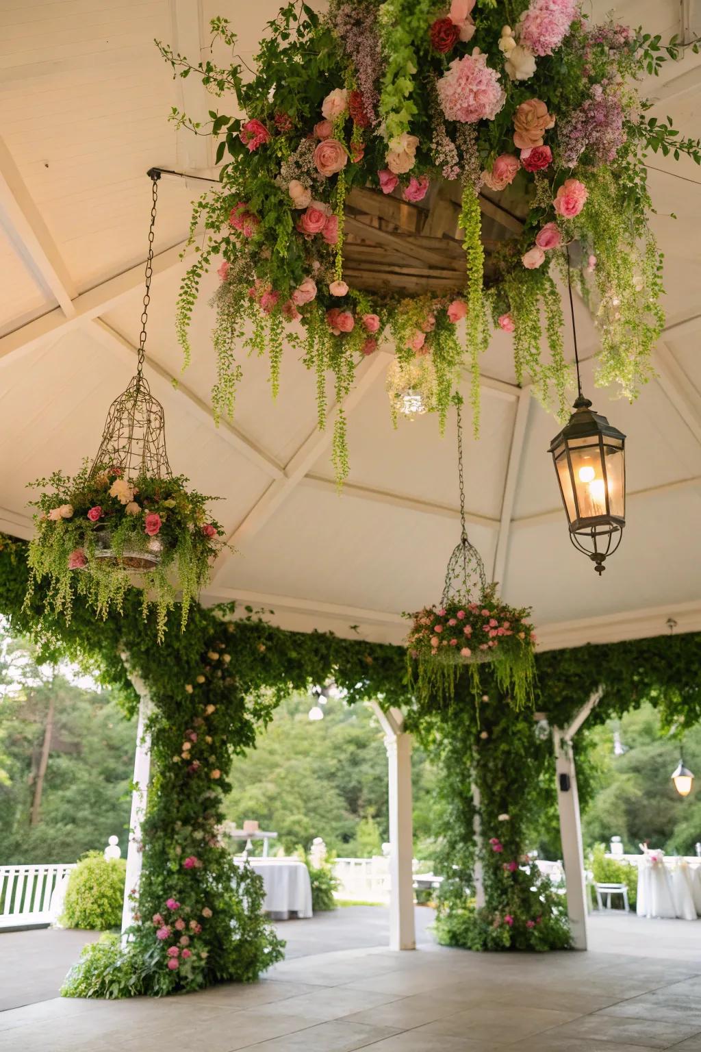 A breathtaking overhead display is created by hanging floral installations.