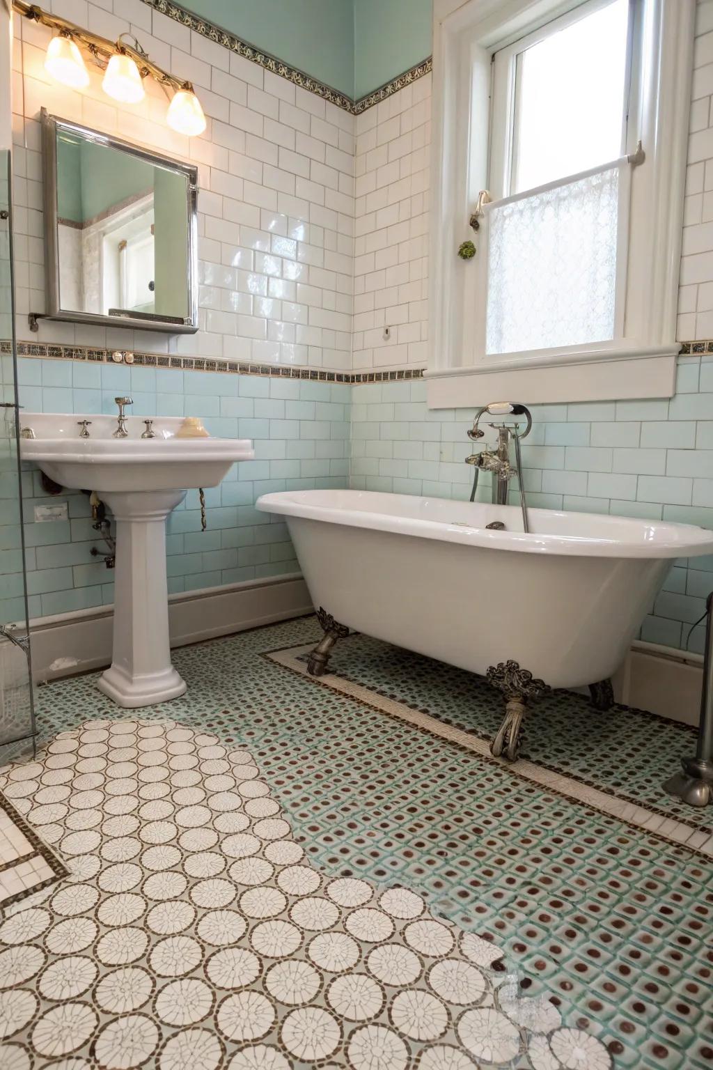 Retro vibes with penny tiles in a vintage-inspired bathroom.