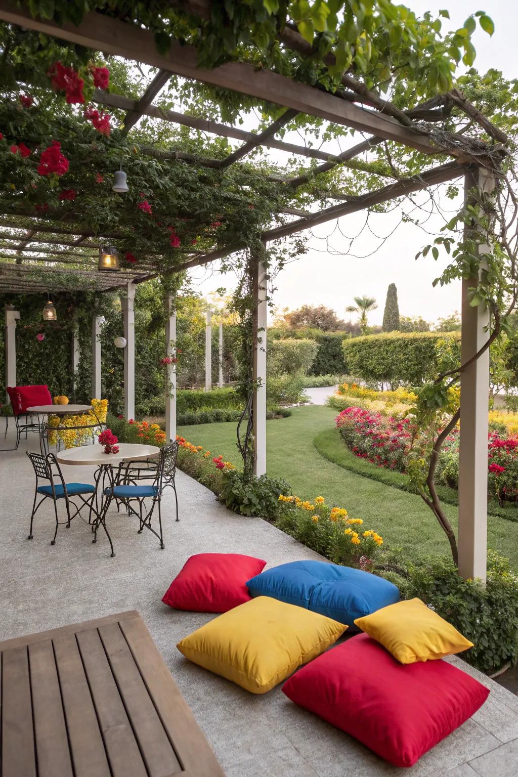 Bold colors bring life and energy to pergola spaces.