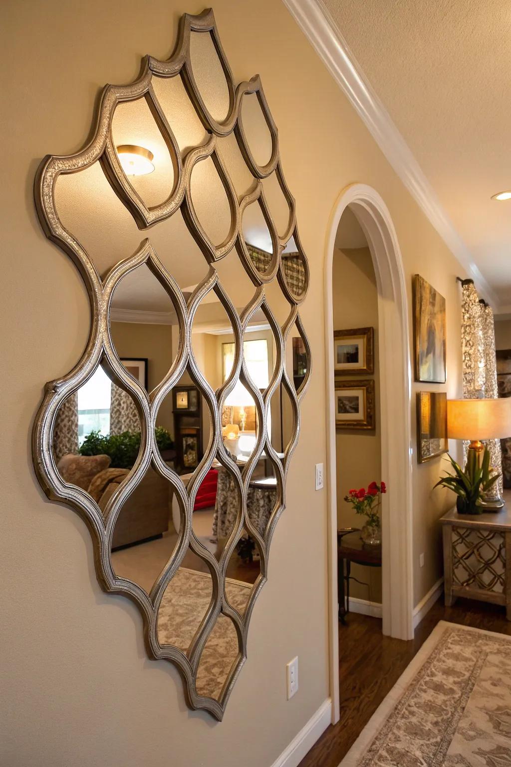 A photo backdrop with various shaped reflective surfaces, introducing depth and illumination to the space.
