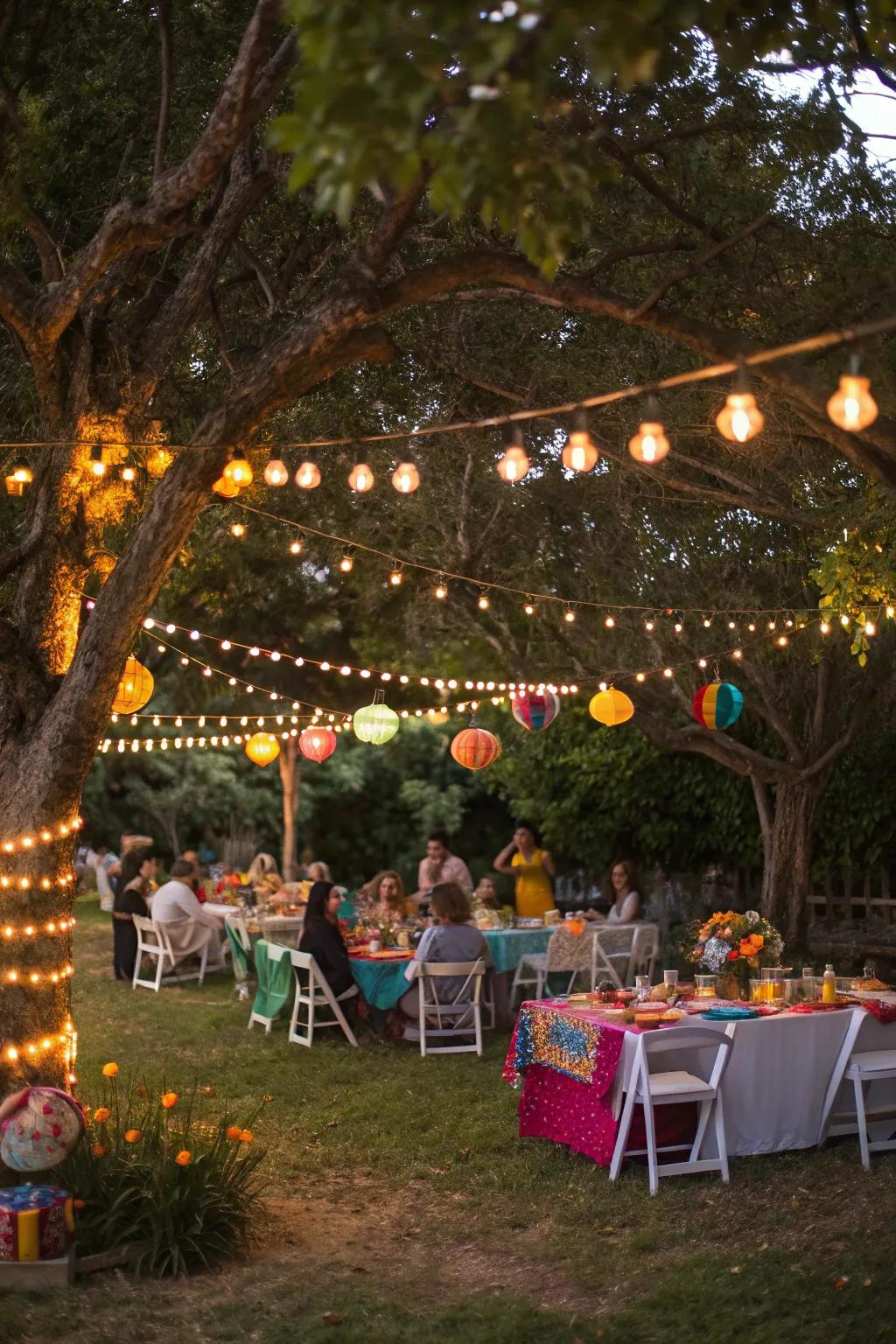 A vibrant outdoor celebration arrangement featuring twinkle garlands and colorful dinnerware.