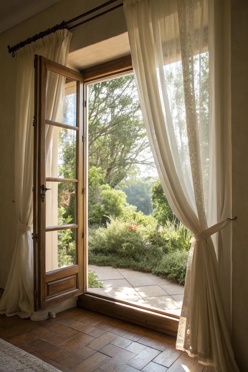 Light airy curtains enable a smooth blend between inside and outside by a picture window.