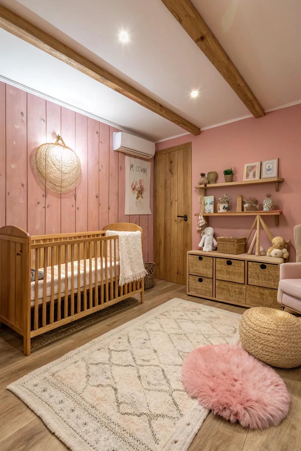 A snug nursery via a rustic rose partition and timber features.