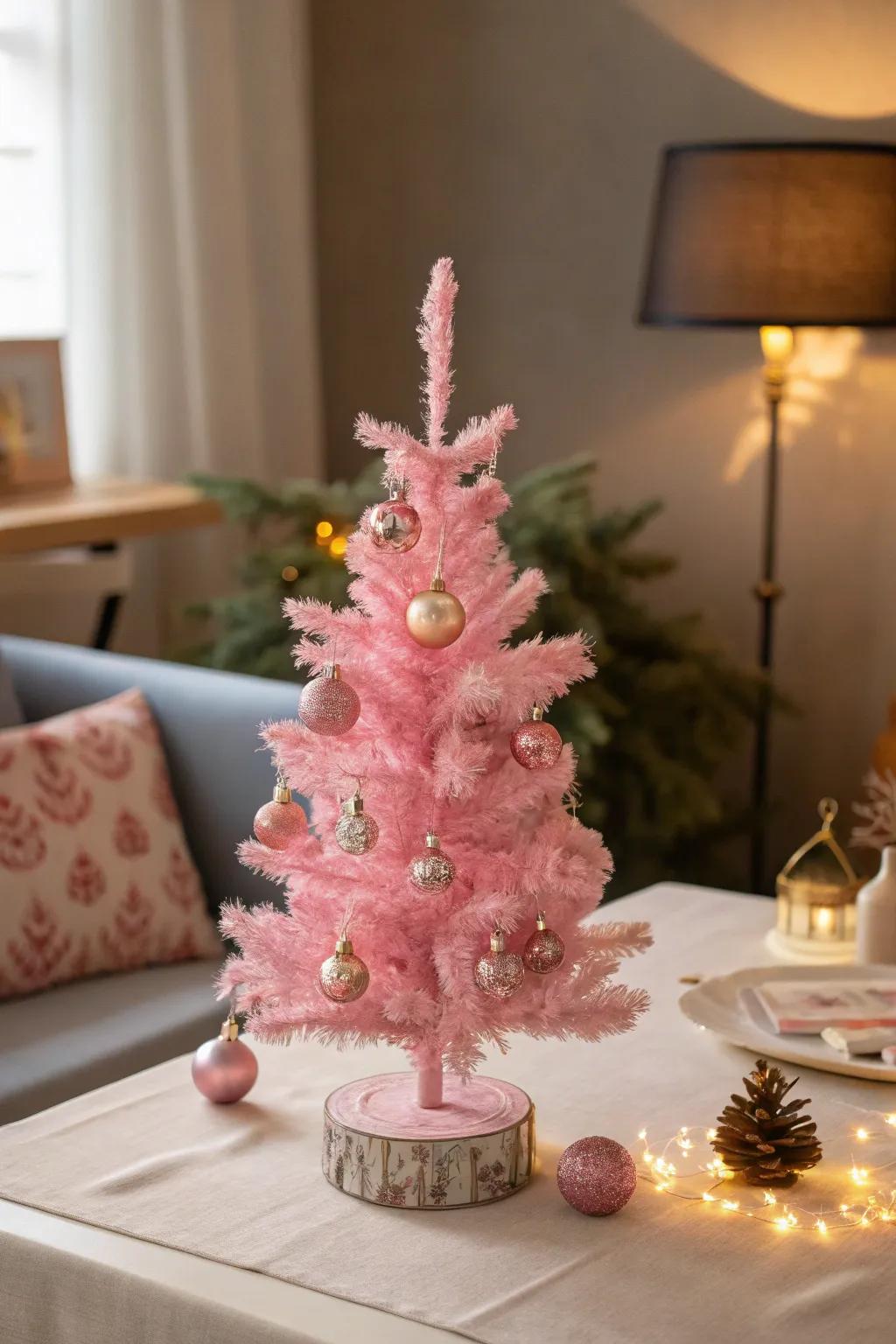 A mini pink tree offers significant style in a compact form.