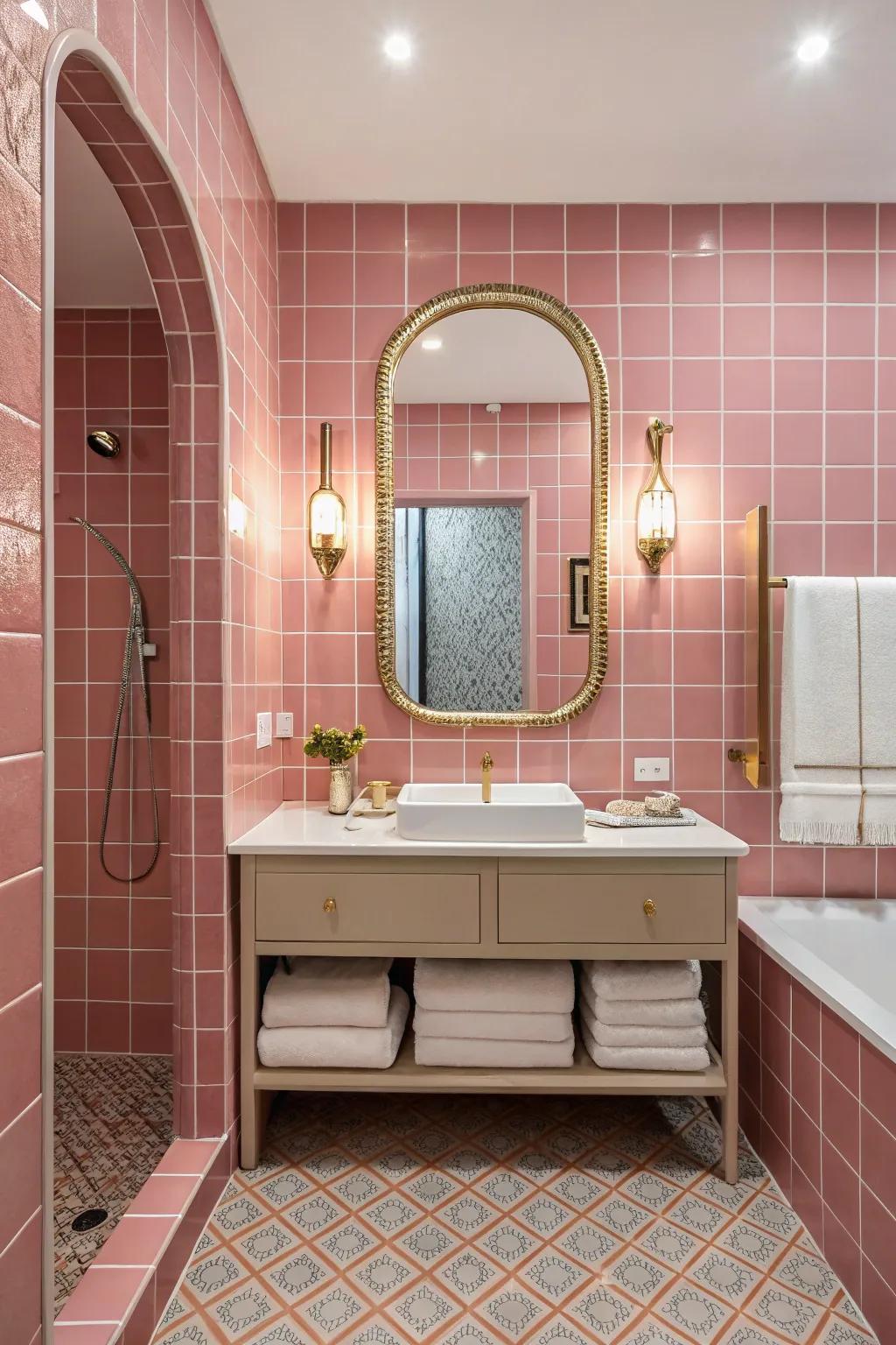 Practical decor pieces that match pink tiles.