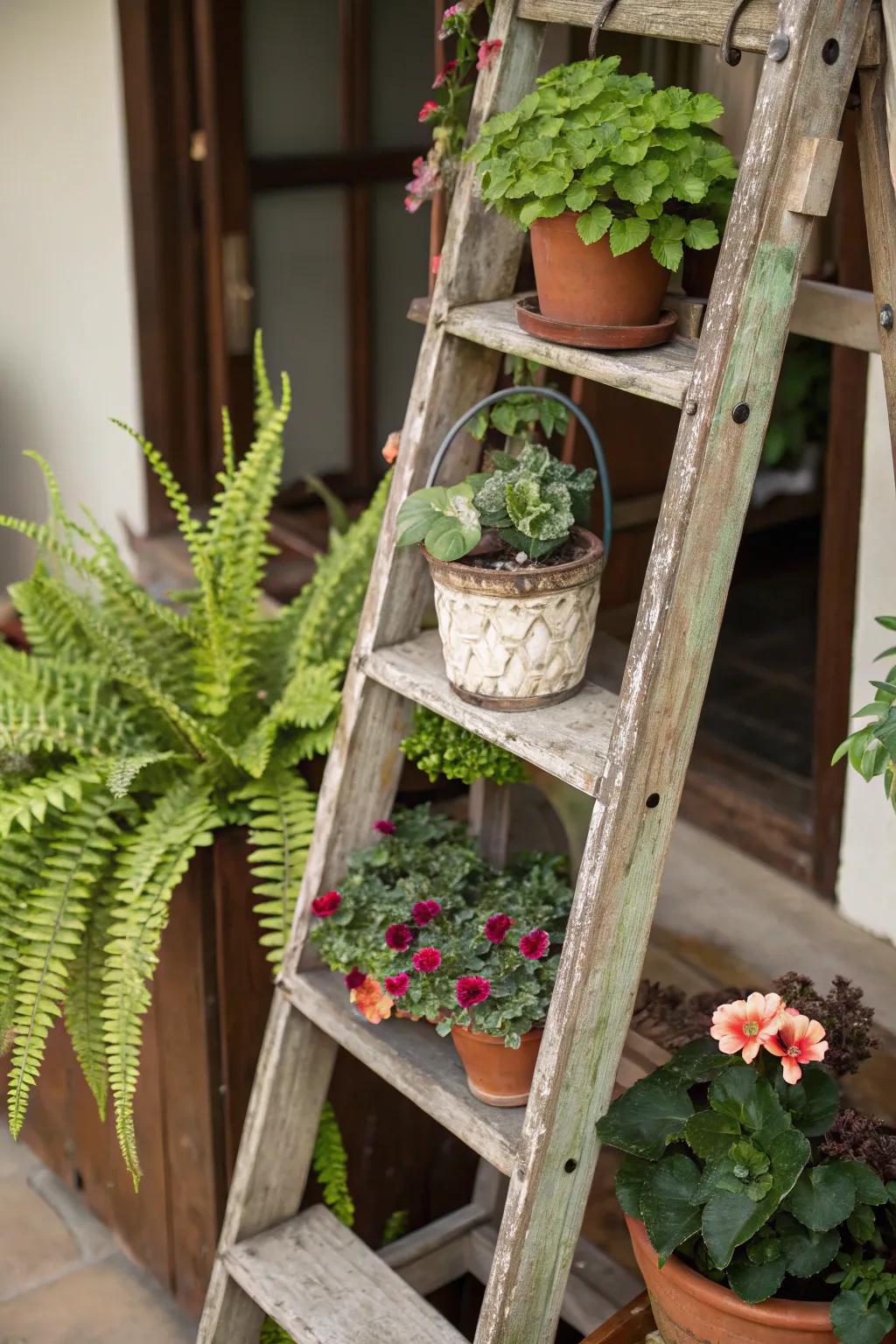 Repurpose a reclaimed ladder as an enchanting flora pedestal.