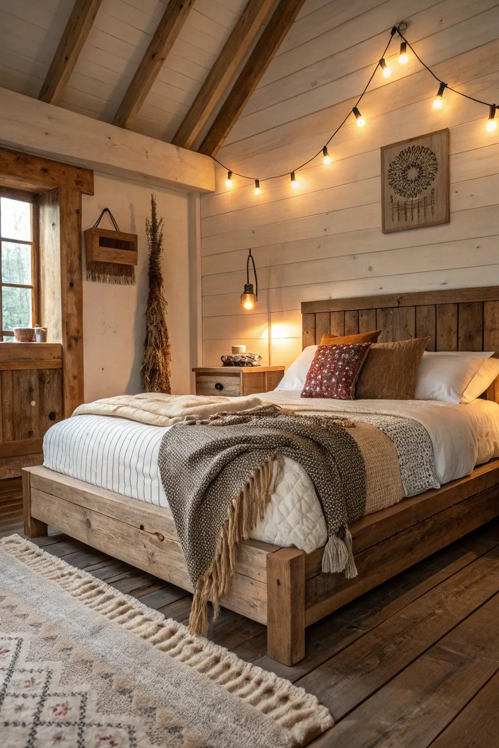 The beauty of natural elements is highlighted in rustic platform beds.