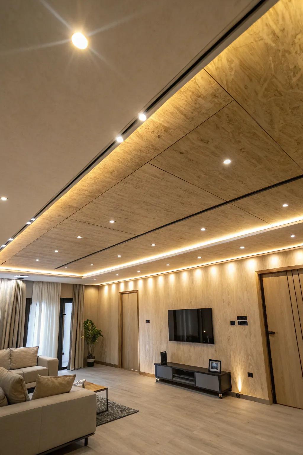 A modern room featuring sunken illumination enhancing a stylish plywood ceiling.