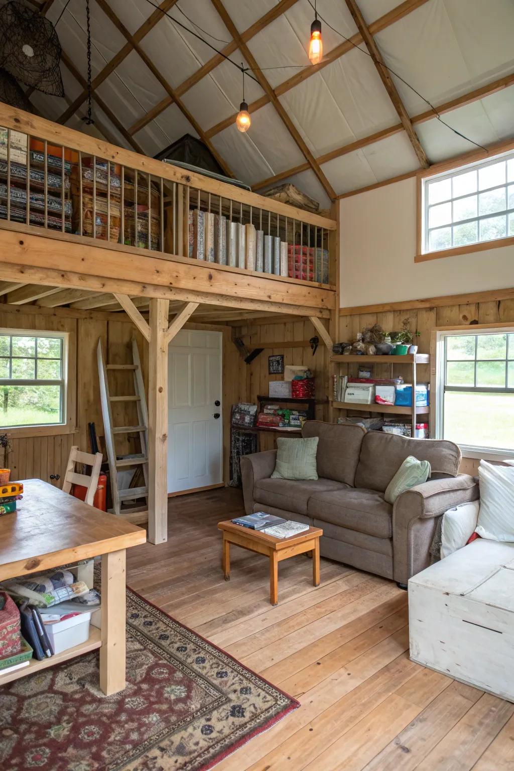 A mezzanine level in a pole barn that serves as a lounging and storage space.