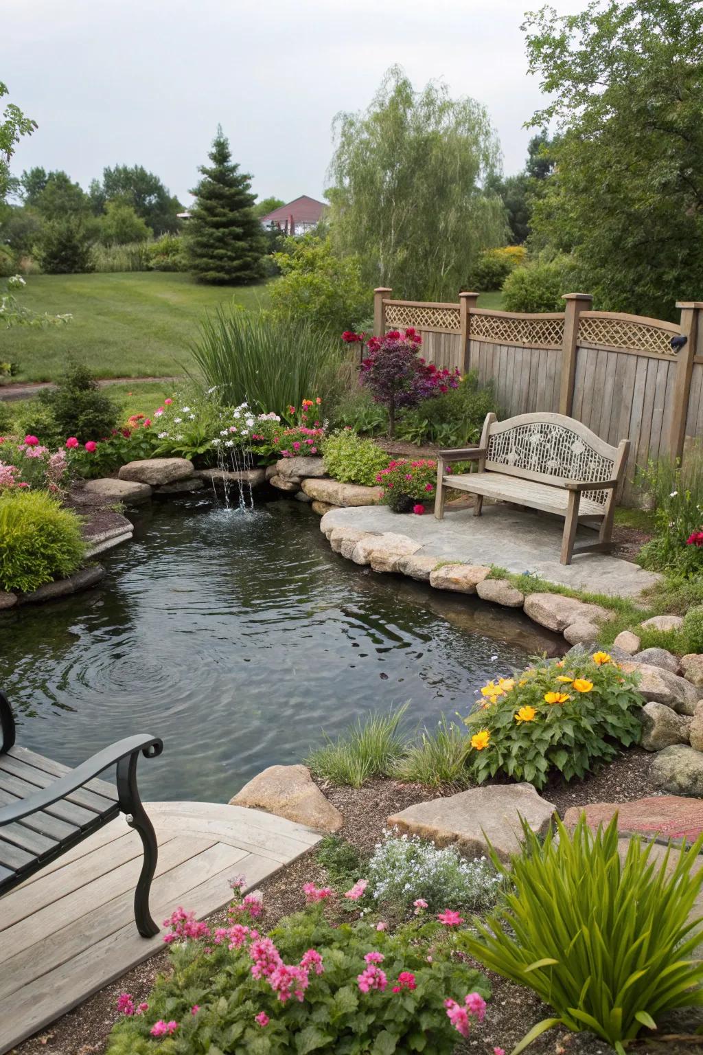 A relaxed seating arrangement by a backyard pond.