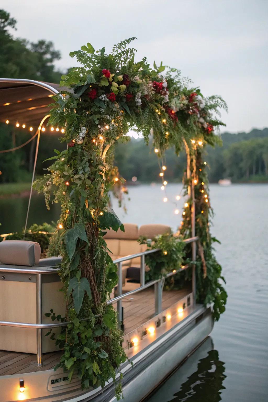 An enchanted forest-themed pontoon boat featuring lush greenery and twinkling lights.