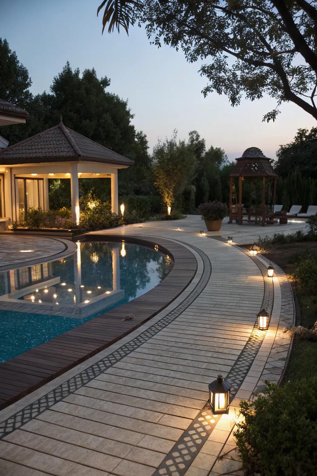 Soft lighting improves the poolside atmosphere after dark.