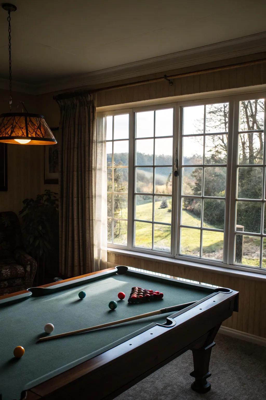 Sunlight floods the pool room, amplifying its warmth and openness.