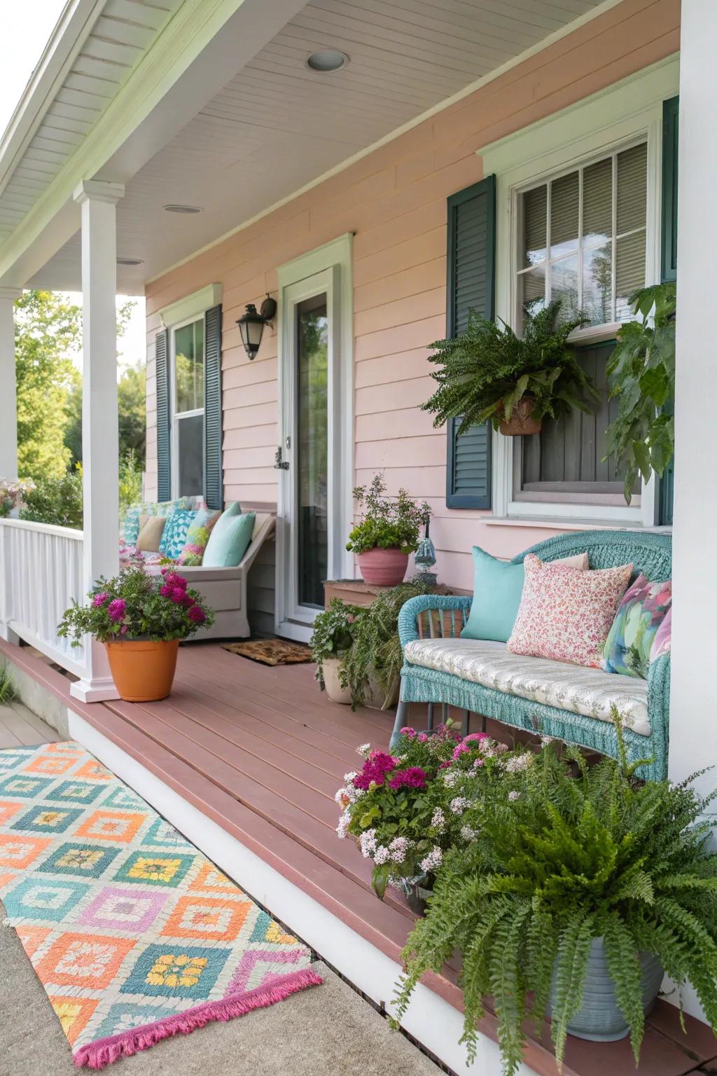 Harmonious colors craft a balanced porch setting.
