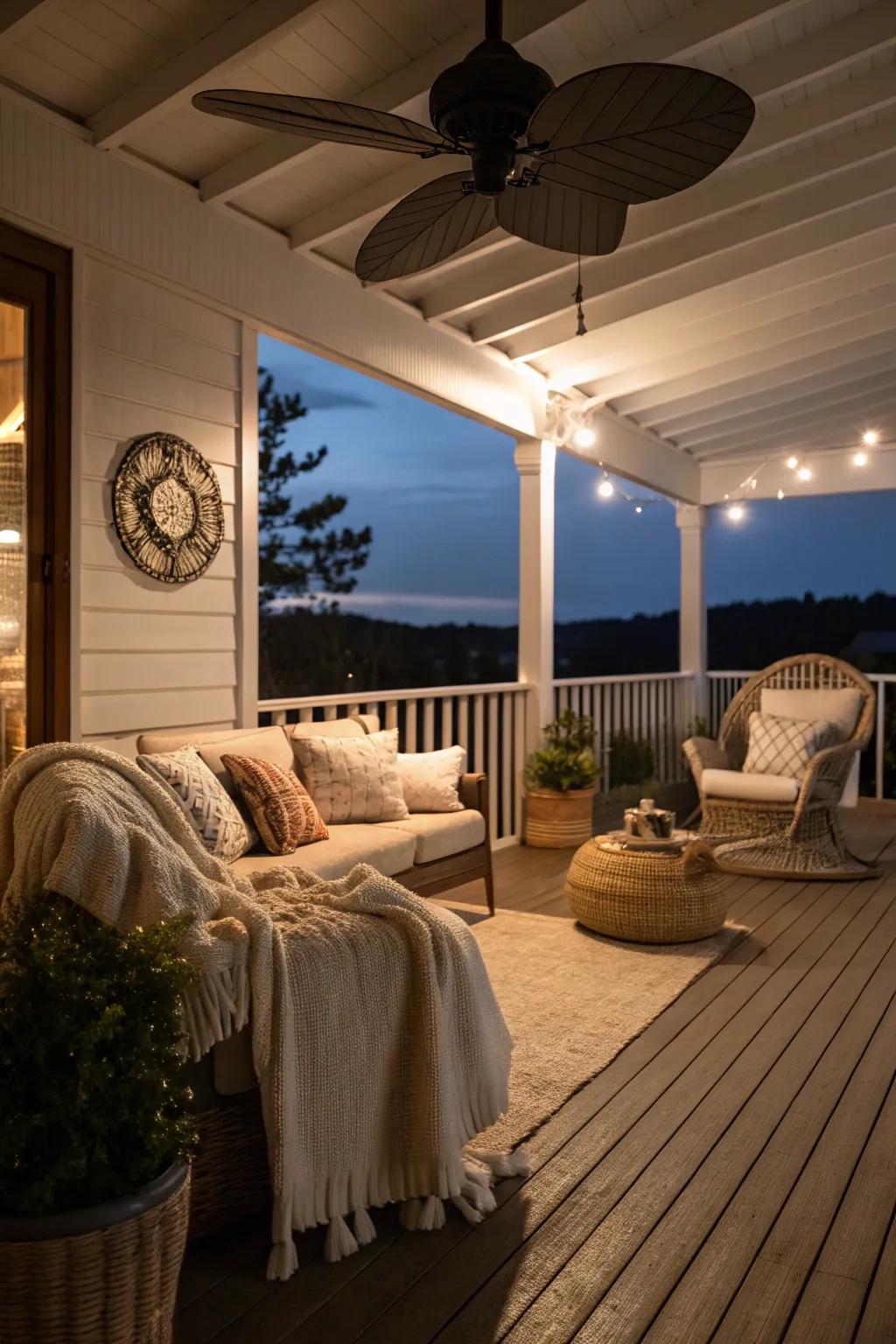 A light-emitting diode air circulator keeps this porch well-lit and inviting for evening relaxation.