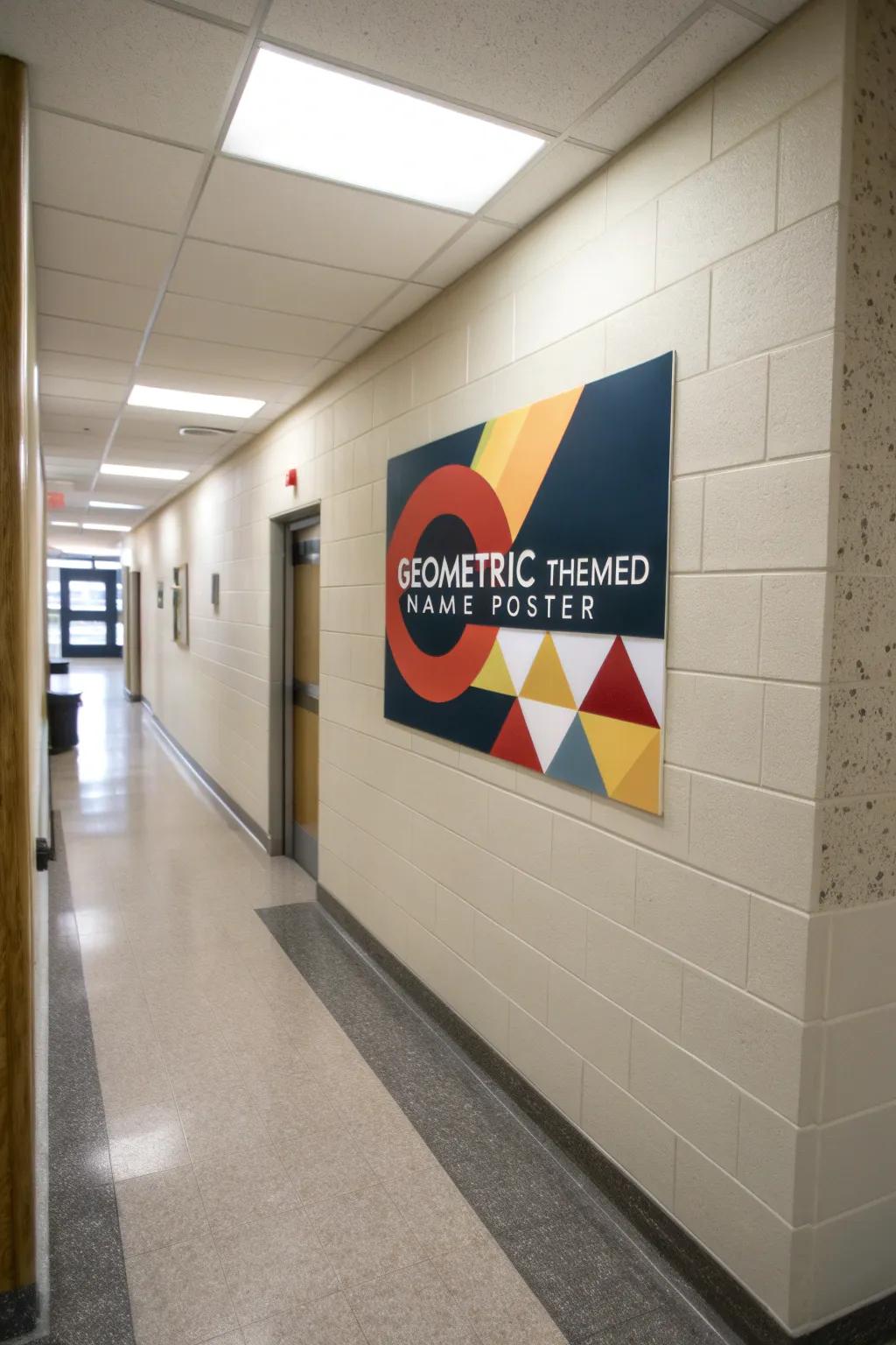 A geometric name display injecting a modern edge into a hallway.