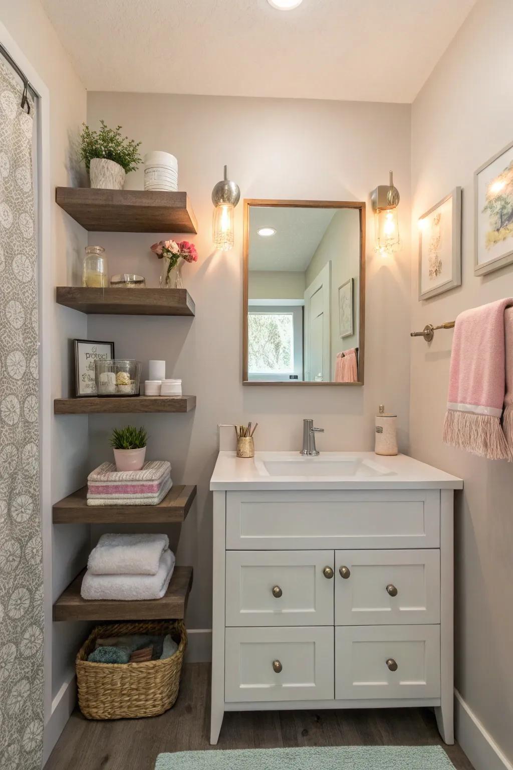 A powder room with small-scale furniture and smart use of area.