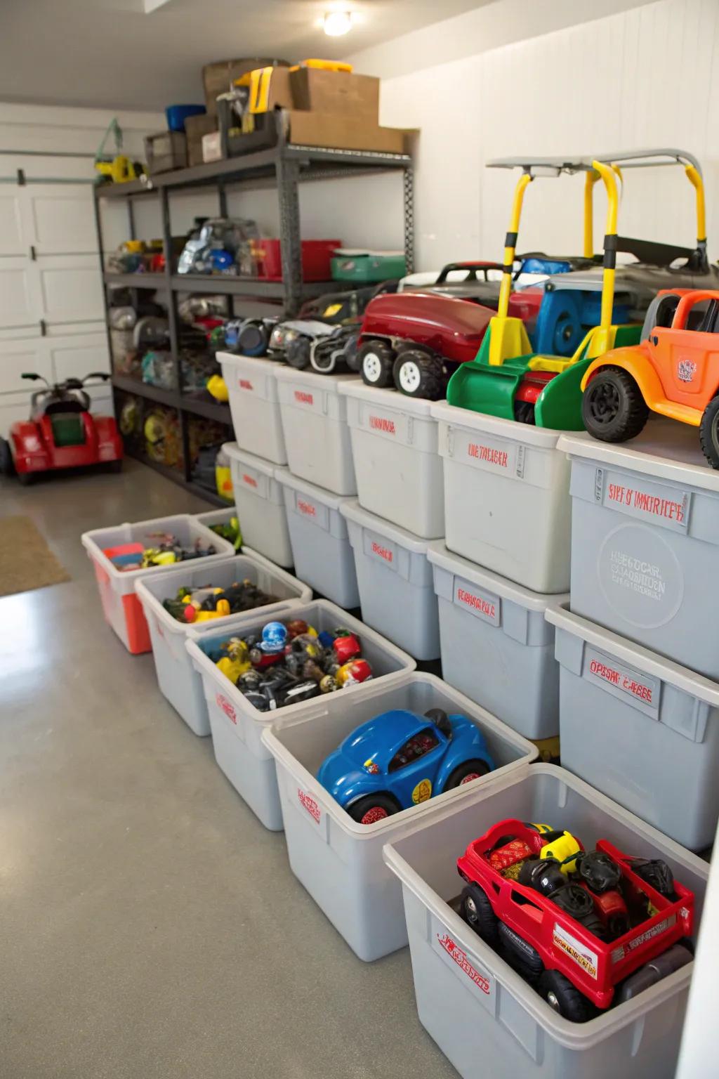 Portable bins used to organize smaller motorized toys.