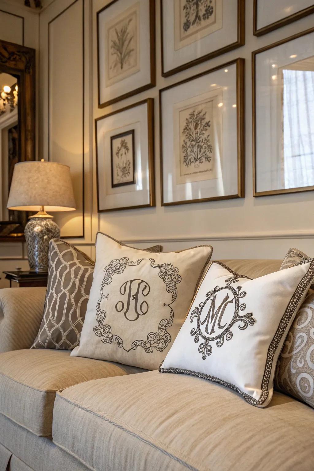 Initialed decor imparts a personalized and elegant touch.