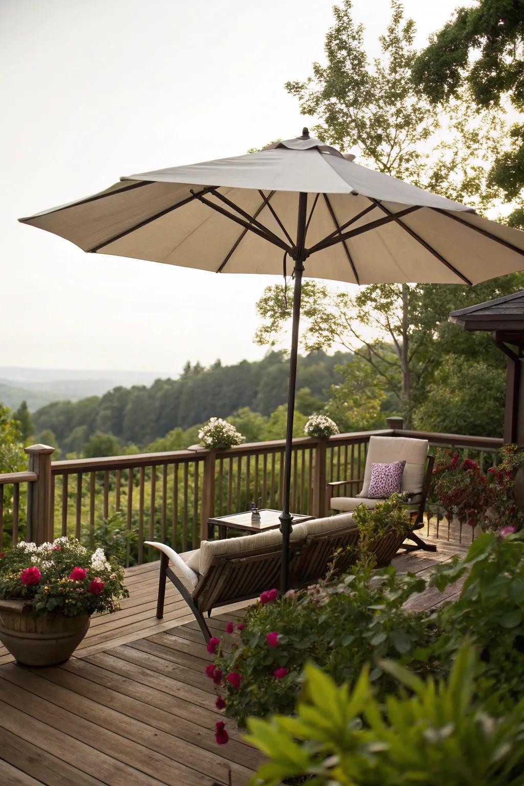 A spacious parasol offers adjustable shade and seclusion on a deck.