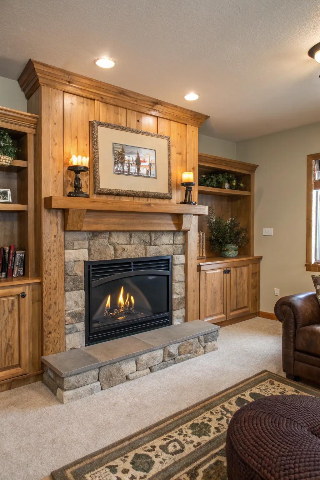 A living room presenting a propane fireplace with organic timber accents.