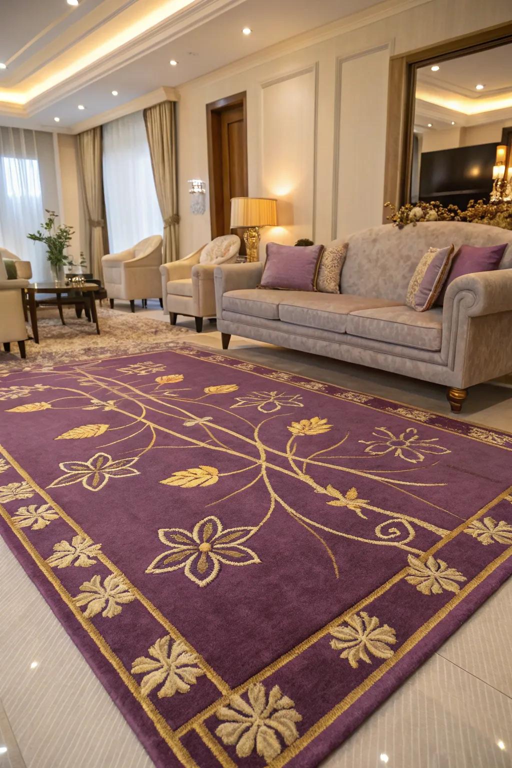 A plush area rug with gold accents anchors and defines the space.