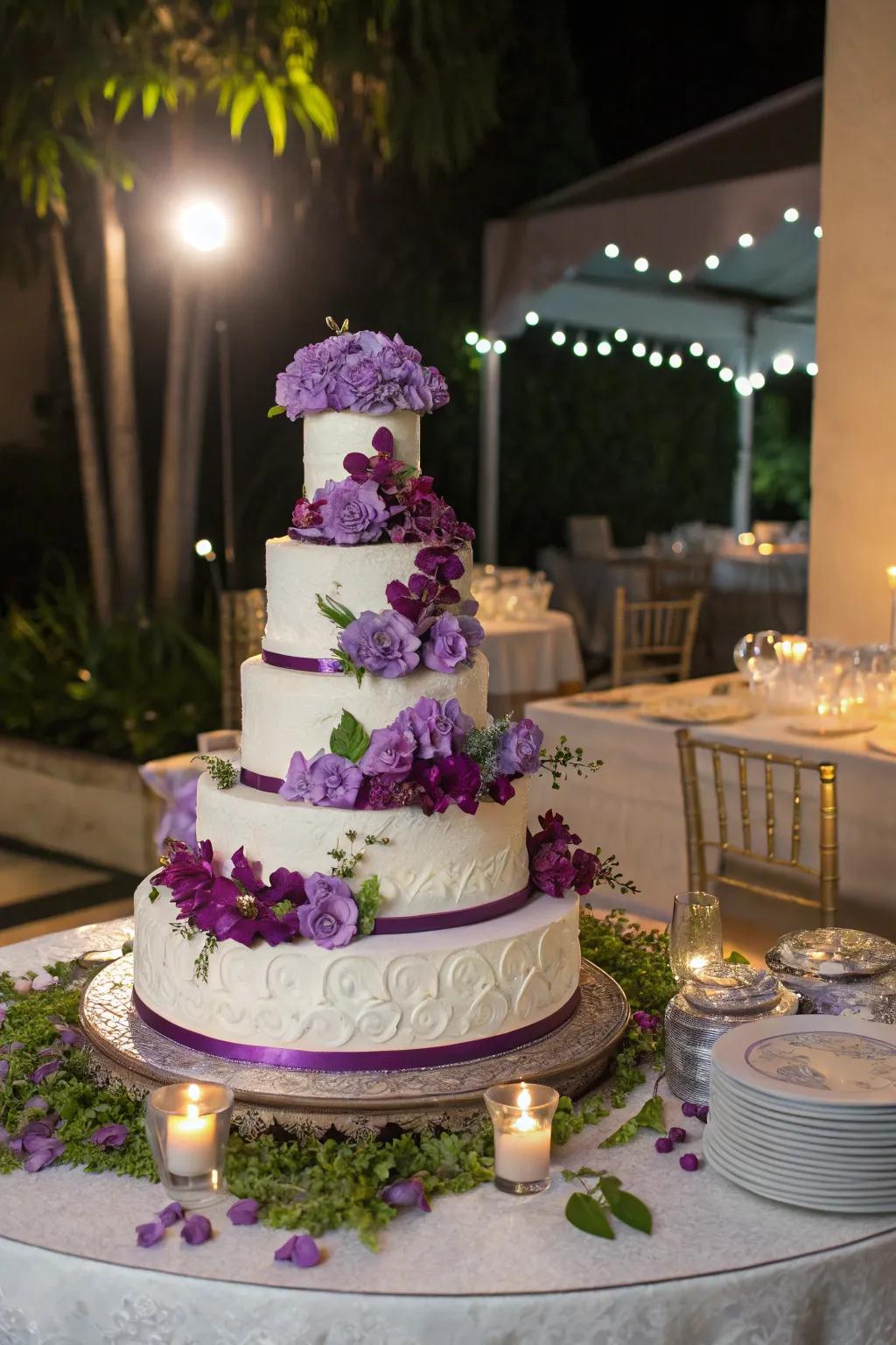 A wedding cake with purple accents is as beautiful as it is delicious.