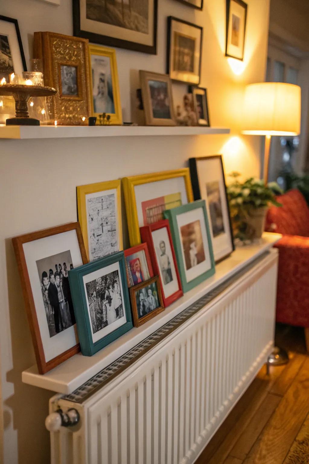 Transform your radiator shelf into an art gallery with personal touches.