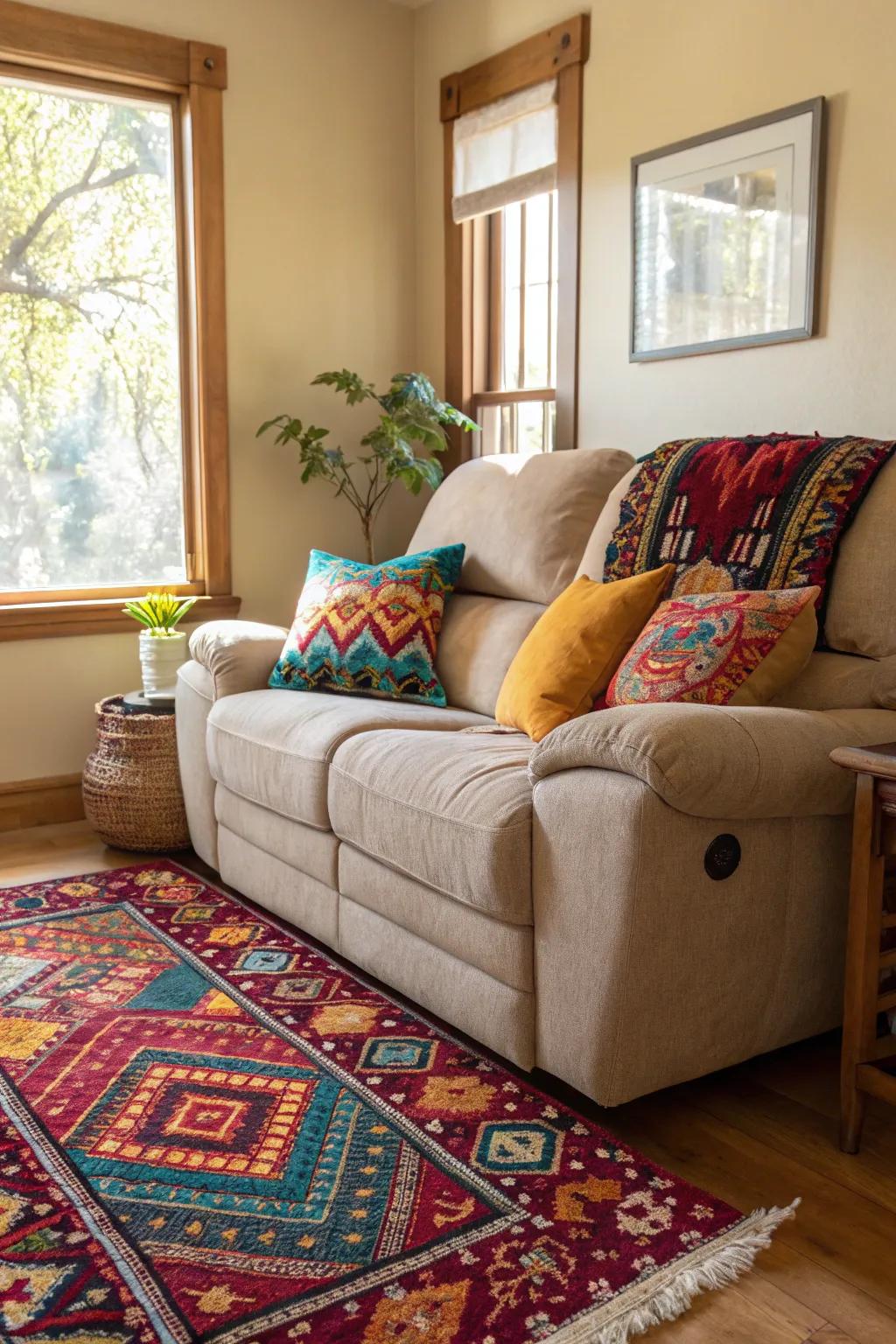 An animated dwelling space showcasing chromatic accents that complement the reclining sofa.