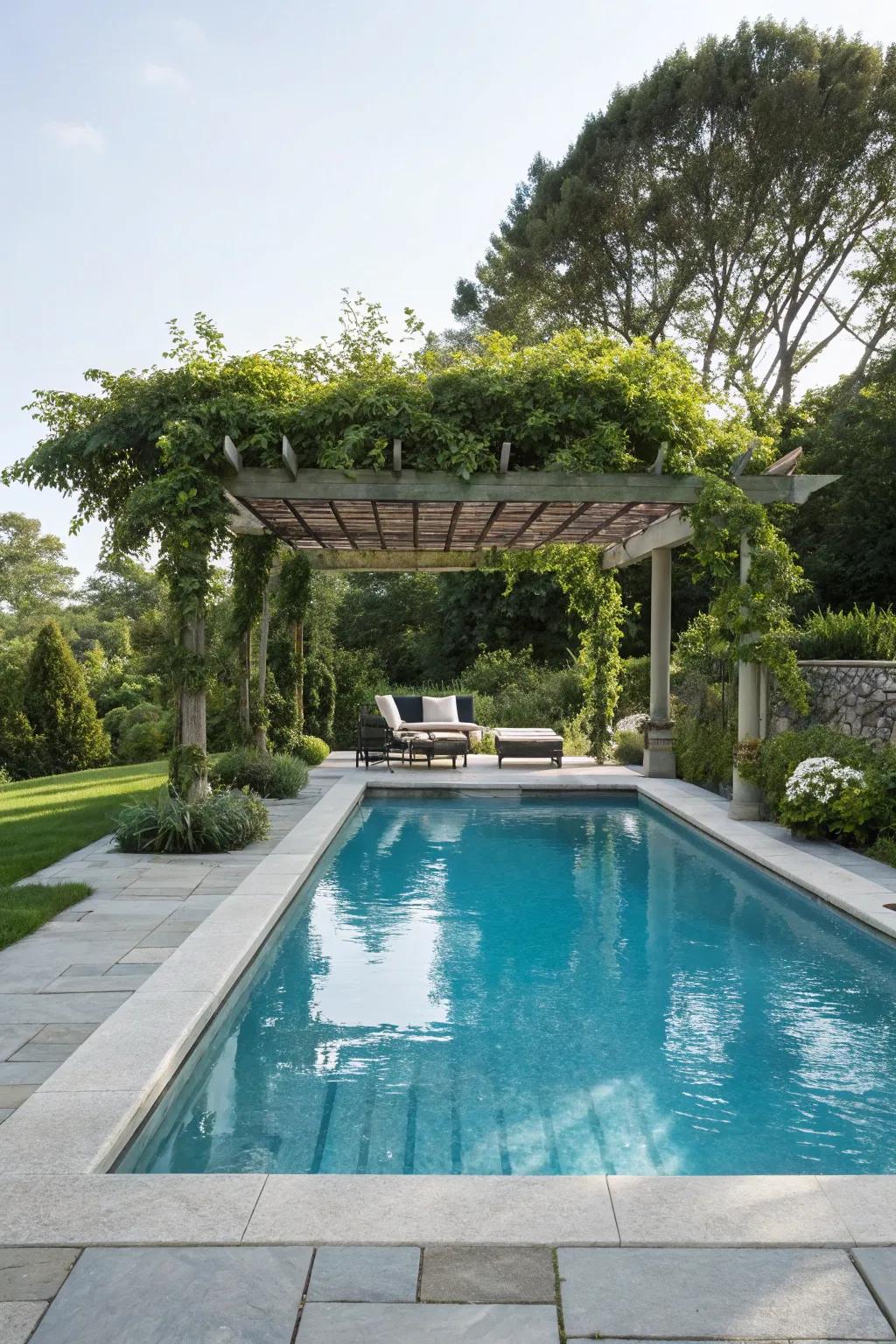 An arbor furnishes a fashionable shaded retreat by the pool.