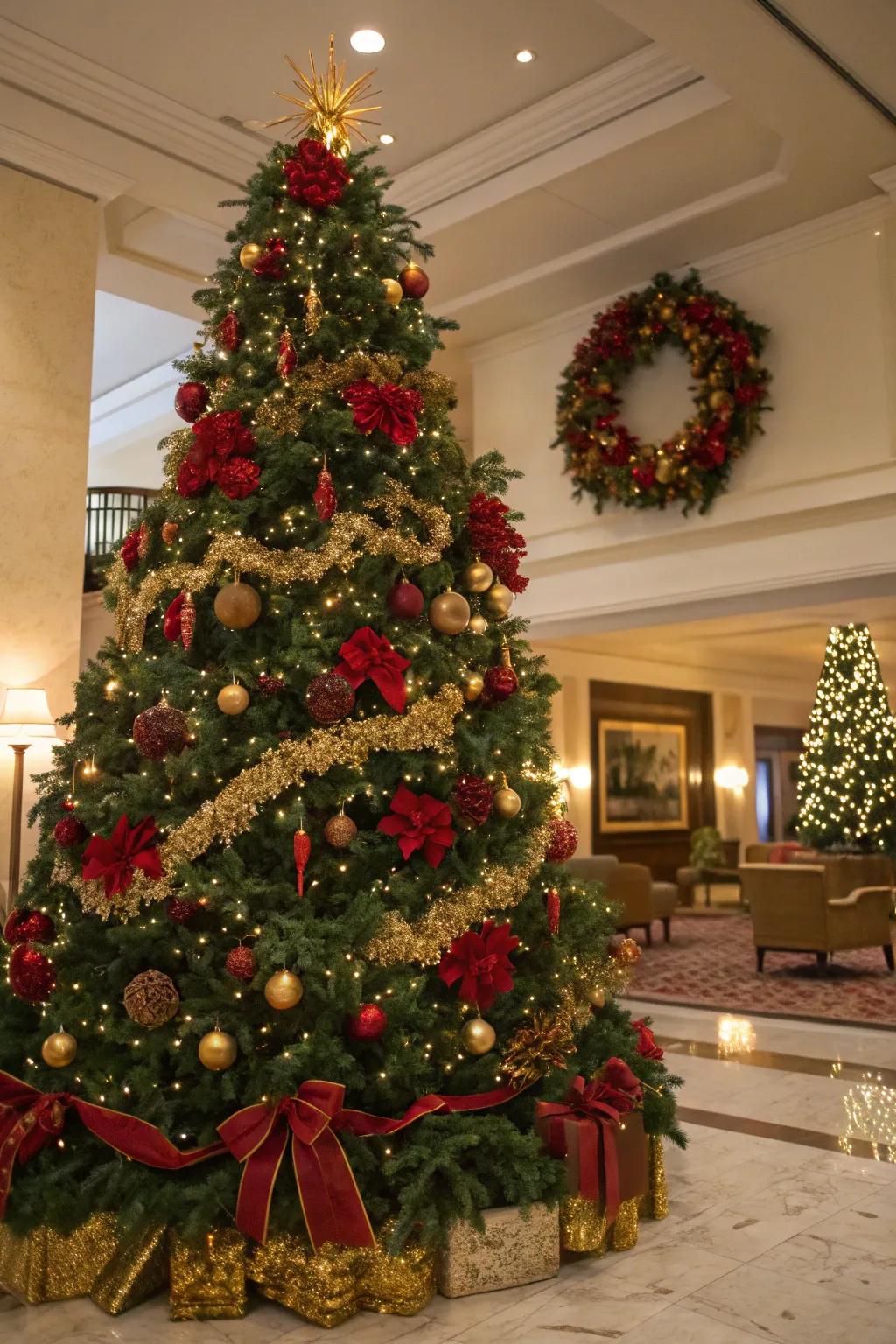 Greenery enhances the natural feel and complements the red and gold theme.