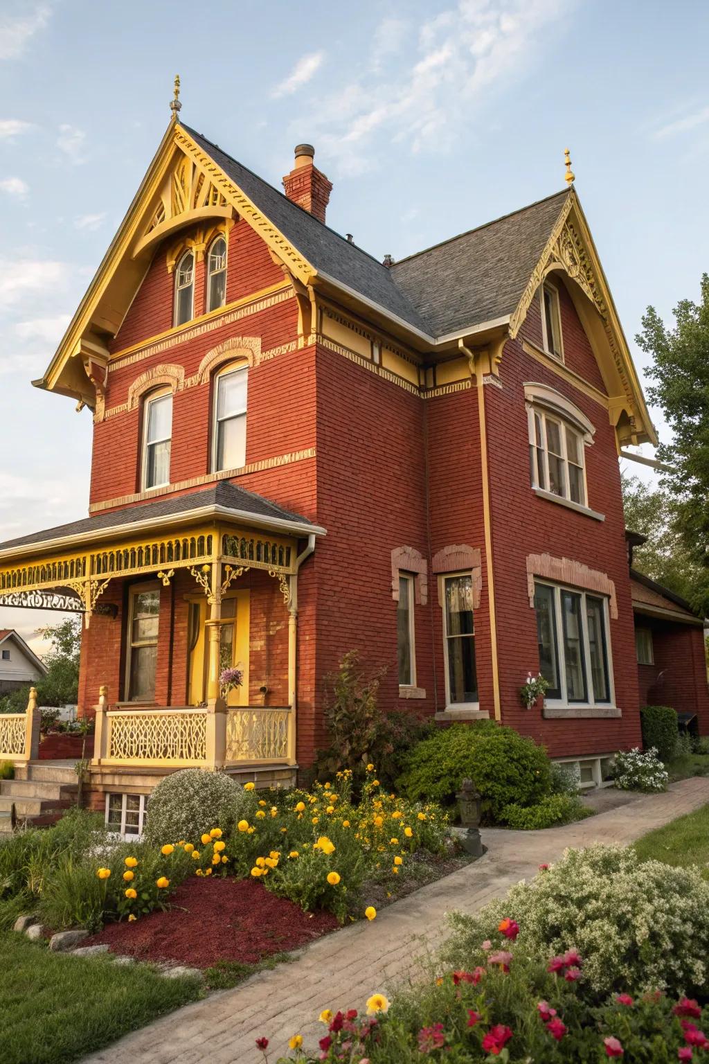 Golden yellow trim imparts a cheerful and welcoming ambiance to red brick houses.