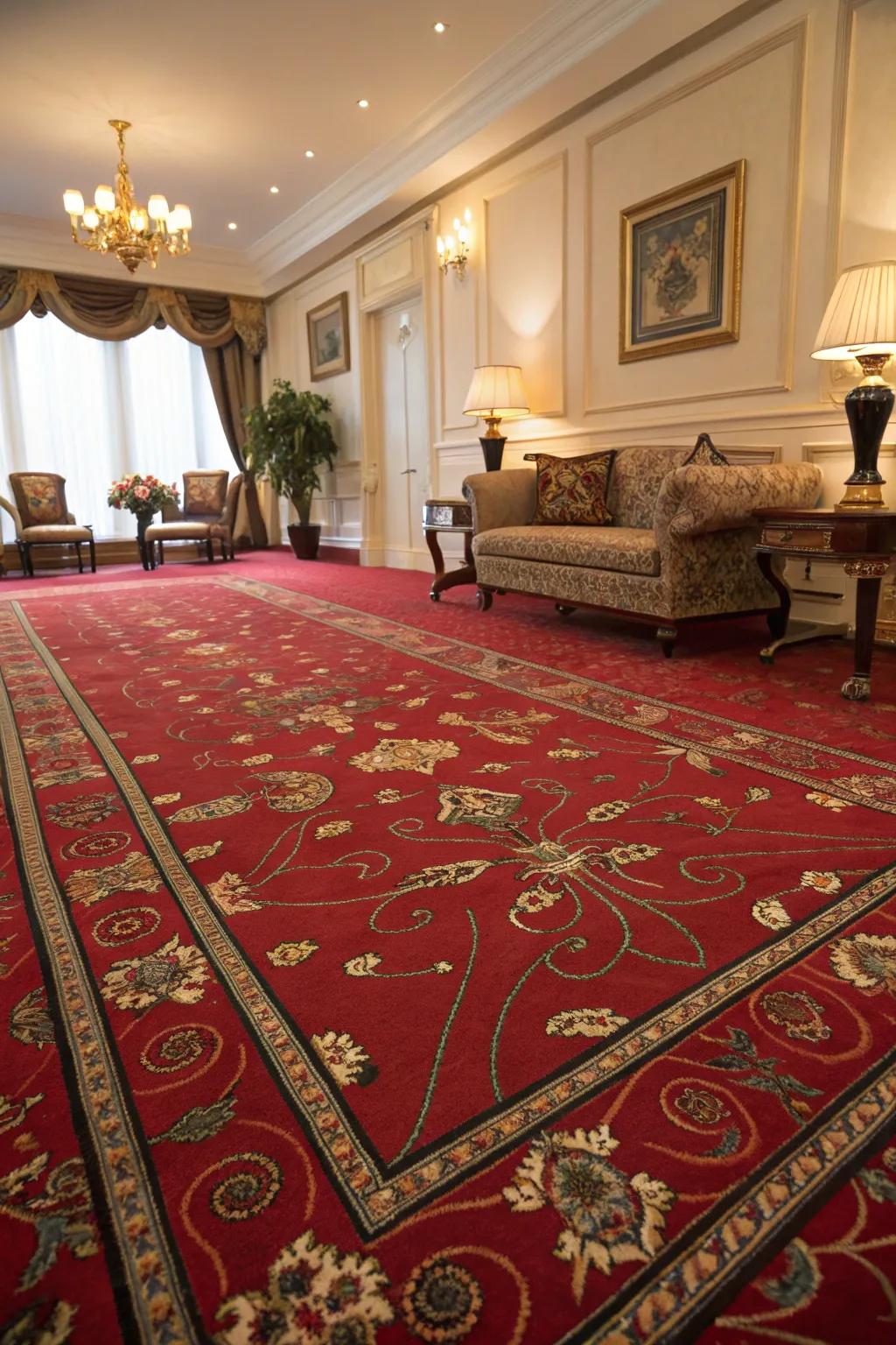 A scarlet floor covering with intricate motifs acting as the living room's artistic centerpiece.