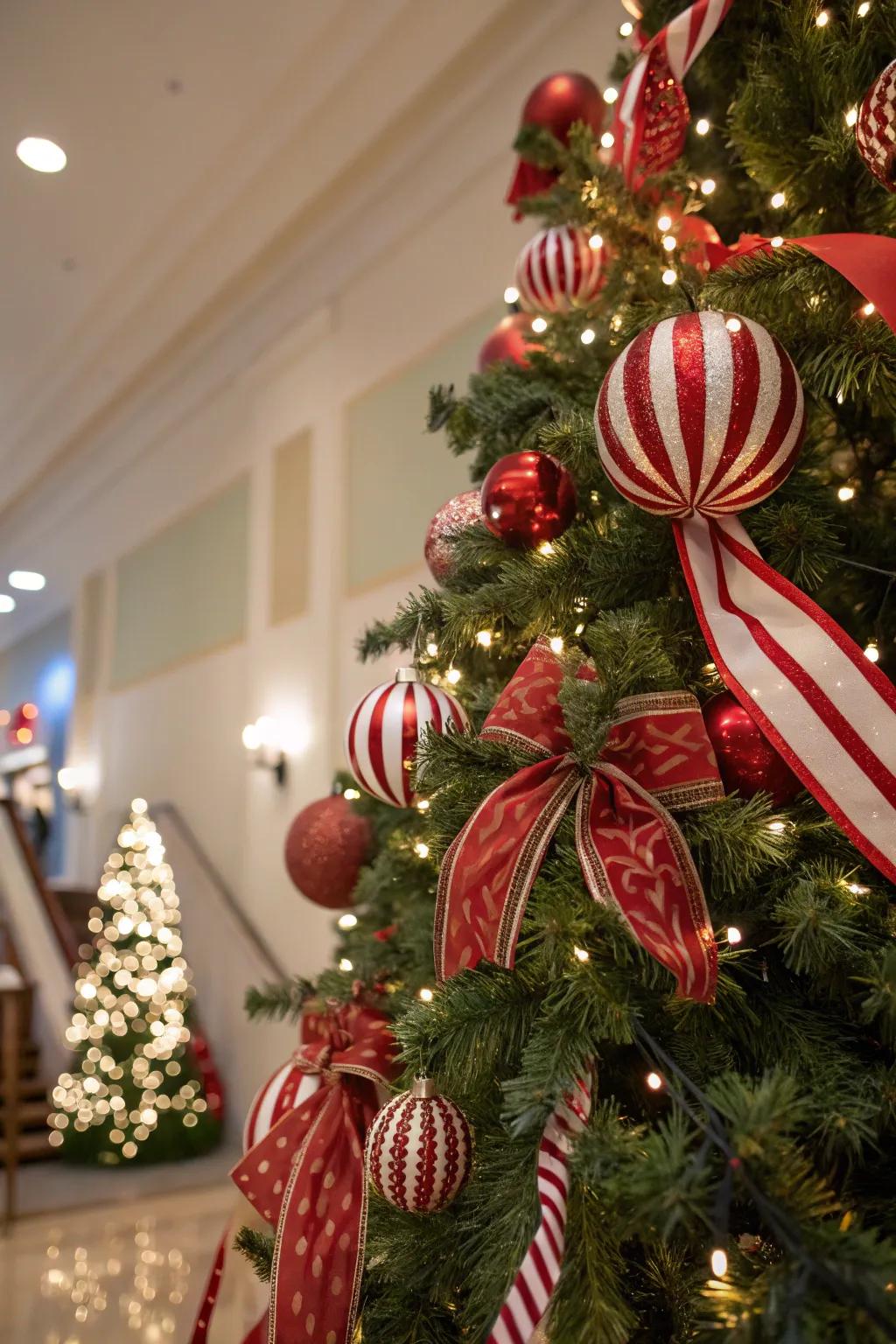 A whimsical candy cane-themed Christmas tree.